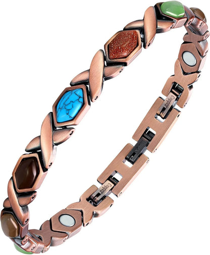 Feraco Pure Copper Bracelets for Women, Ultra Strength Magnetic Bracelet with 3800 Gauss Magnets & Natural Turquoise & Stones,