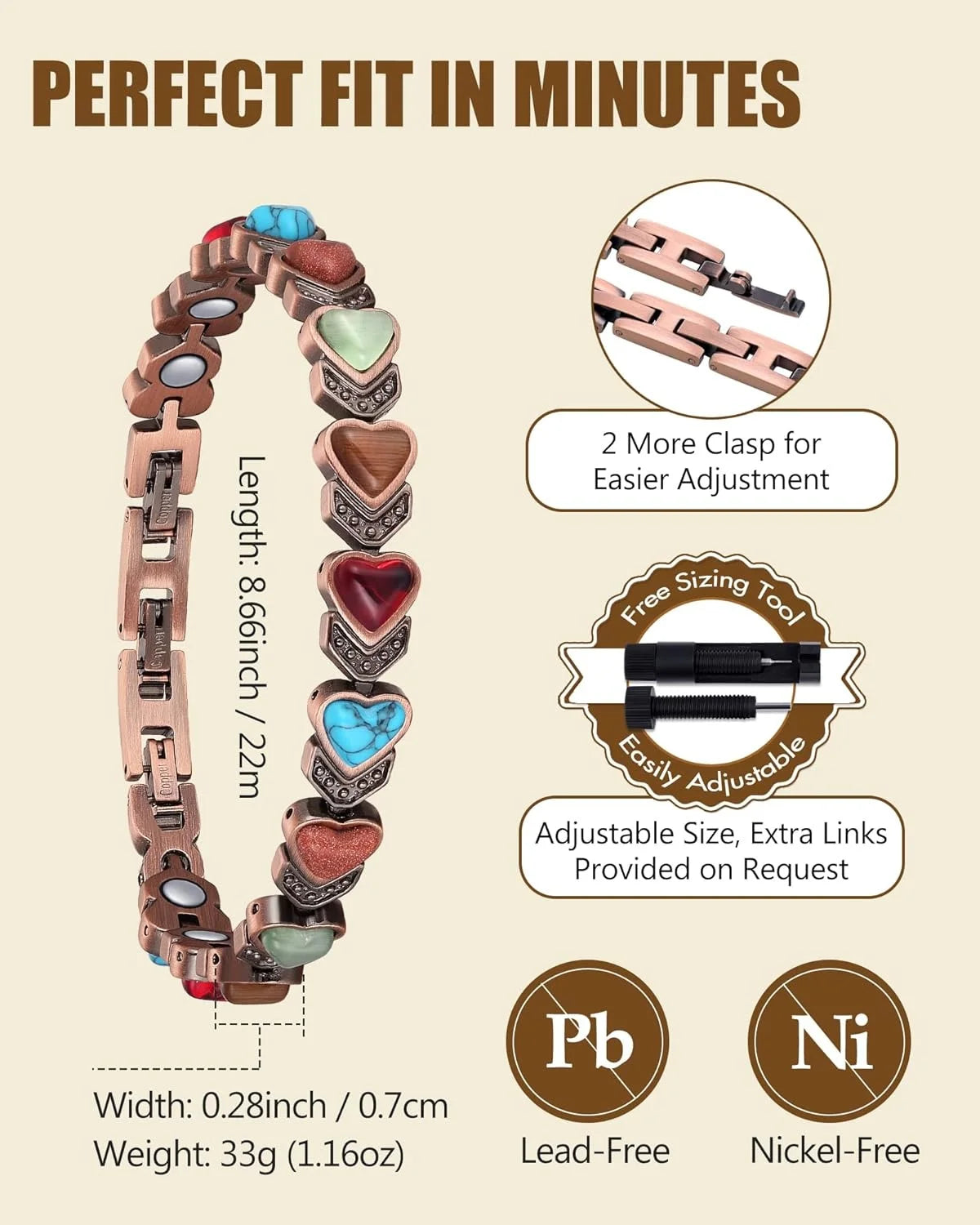 Feraco Pure Copper Bracelets for Women, Ultra Strength Magnetic Bracelet with 3800 Gauss Magnets & Natural Turquoise & Stones,