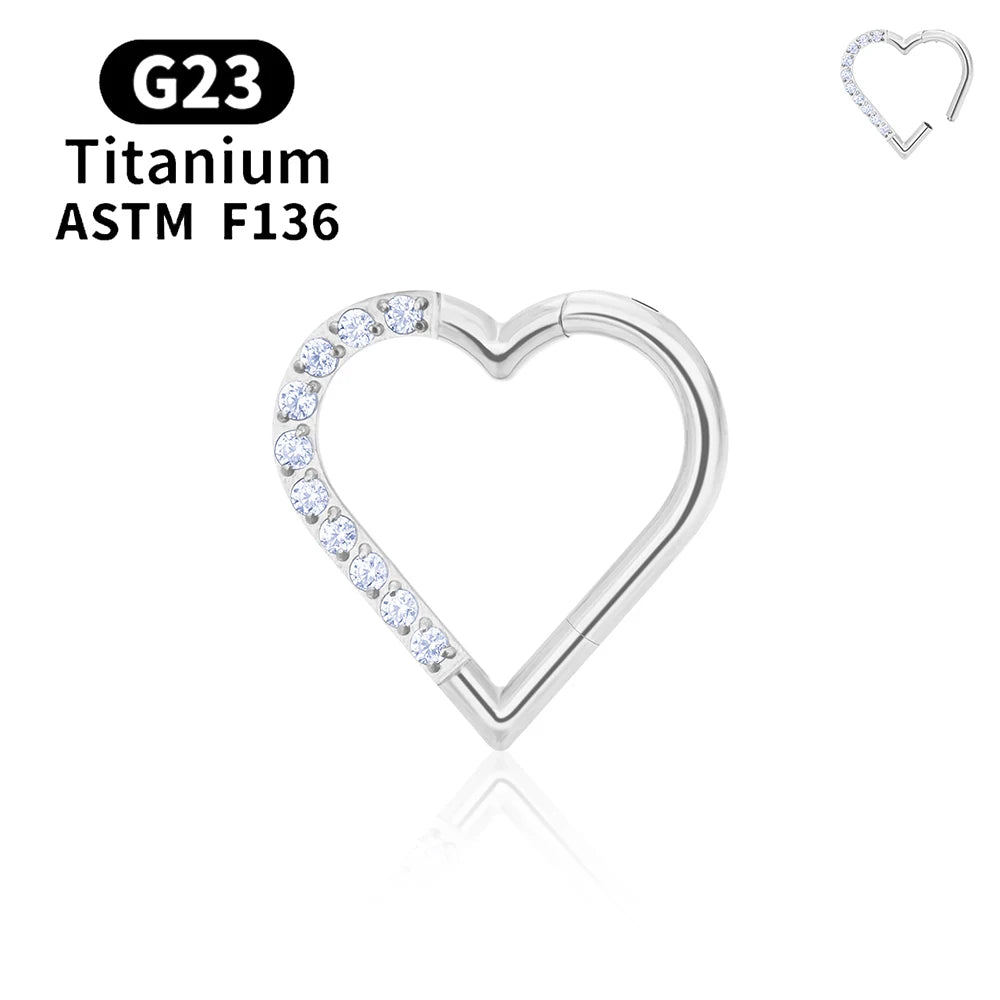 G23 Titanium round Hoop D Shape Nose Ring Daith Heart Earring 16G CZ Hinged Segment Ear Tragus Cartilage Helix Piercing Jewelry