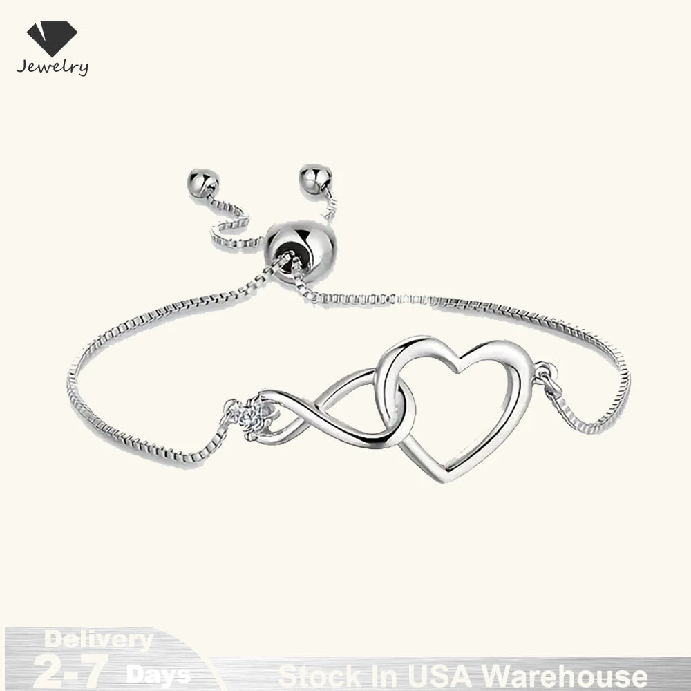 925 Sterling Silver Heart Artificial Crystal Bracelets for Women Luxury Designer Jewelry Accessories Holiday Gifts Stock in USA