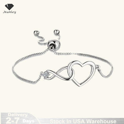 925 Sterling Silver Heart Artificial Crystal Bracelets for Women Luxury Designer Jewelry Accessories Holiday Gifts Stock in USA