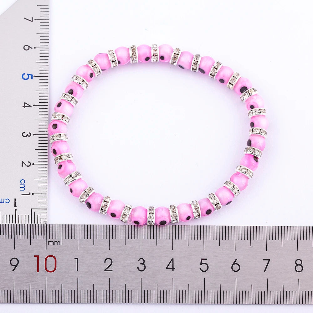 Hot Sale Lucky Evil Eye Handmade Elastic Rope Bracelets Glass Beads and 6MM Crystal 8 Colors Fine Party Adjustable Jewelry