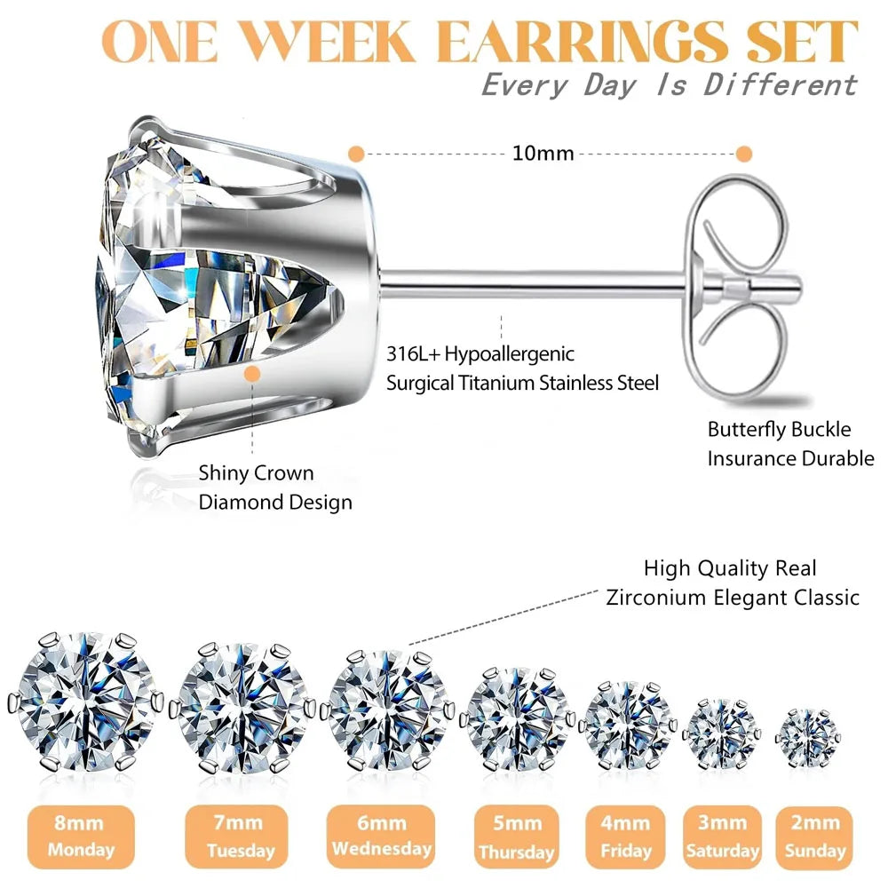 1 Pair Hypoallergenic Titanium Stainless Steel Cubic Zirconia Stud Earrings CZ Cartilage Earrings Set for Women Men 2-8Mm