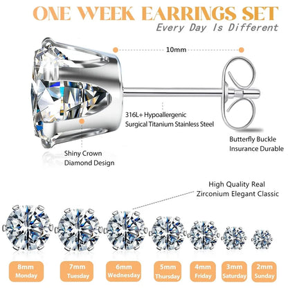 1 Pair Hypoallergenic Titanium Stainless Steel Cubic Zirconia Stud Earrings CZ Cartilage Earrings Set for Women Men 2-8Mm
