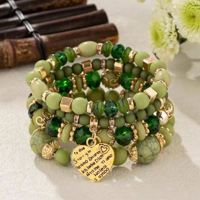 4Pcs/Set Boho Strand Bracelets for Women Crystal Beads Bracelets Heart Letter Elastic Bangles Wristband Yoga Jewelry Gifts