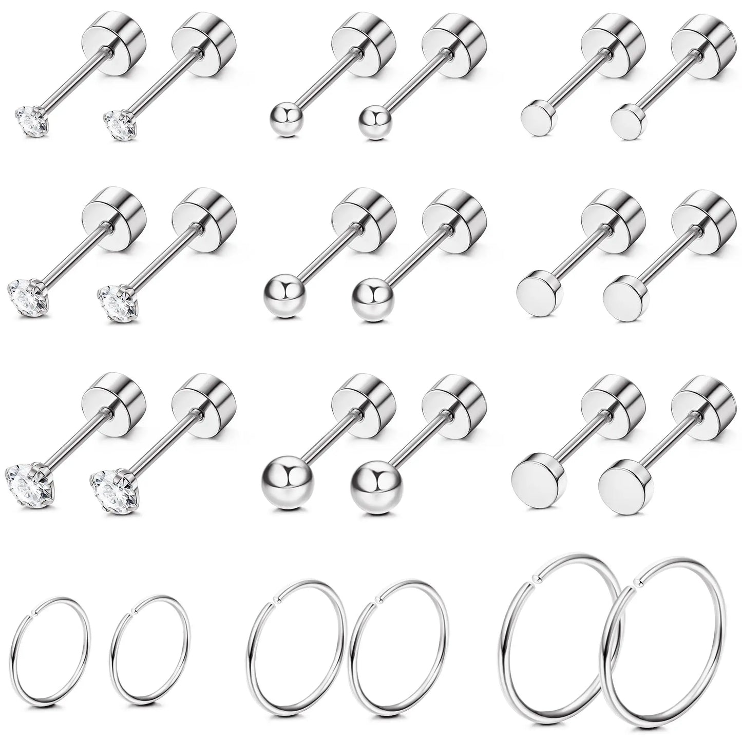 1 Pair Stainless Steel Small Tiny CZ Ball Flat Back Stud Earring Multiple Piercing Cartilage Hoop Earrings for Women Men