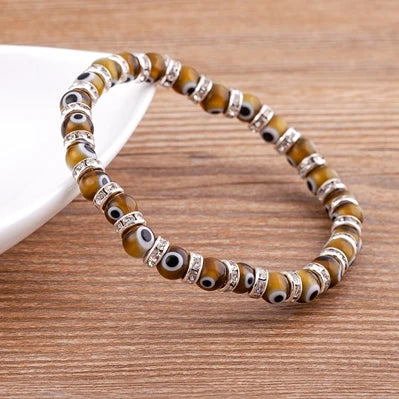 Hot Sale Lucky Evil Eye Handmade Elastic Rope Bracelets Glass Beads and 6MM Crystal 8 Colors Fine Party Adjustable Jewelry