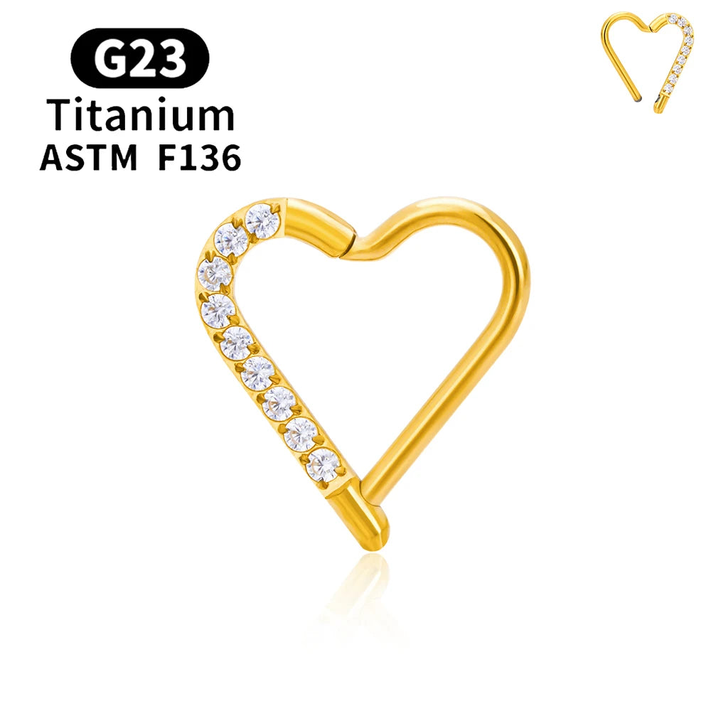 G23 Titanium round Hoop D Shape Nose Ring Daith Heart Earring 16G CZ Hinged Segment Ear Tragus Cartilage Helix Piercing Jewelry