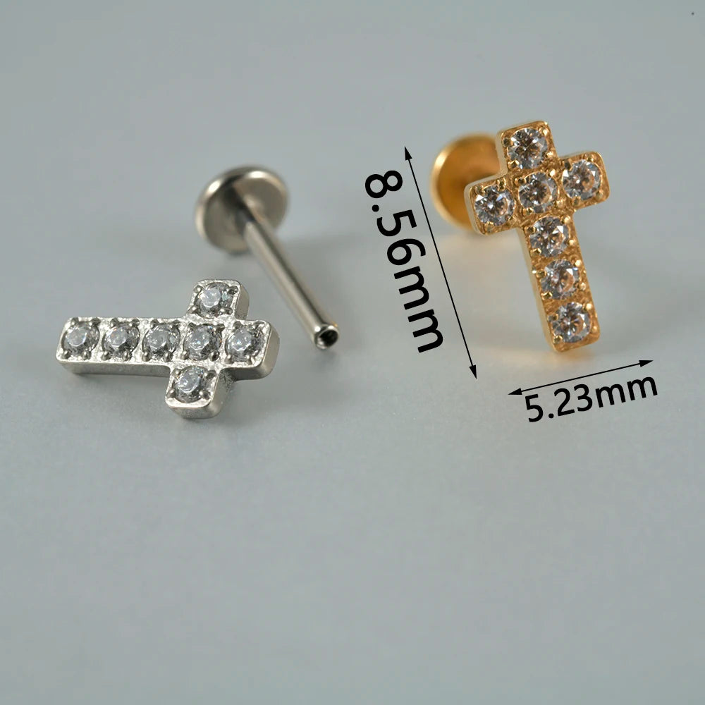 1PC G23 Titanium Moon Cross Cz Silver/Gold Labret Lip Studs Ear Cartilage Tragus Helix Earrings Daith Lobe Piercing Body Jewelry