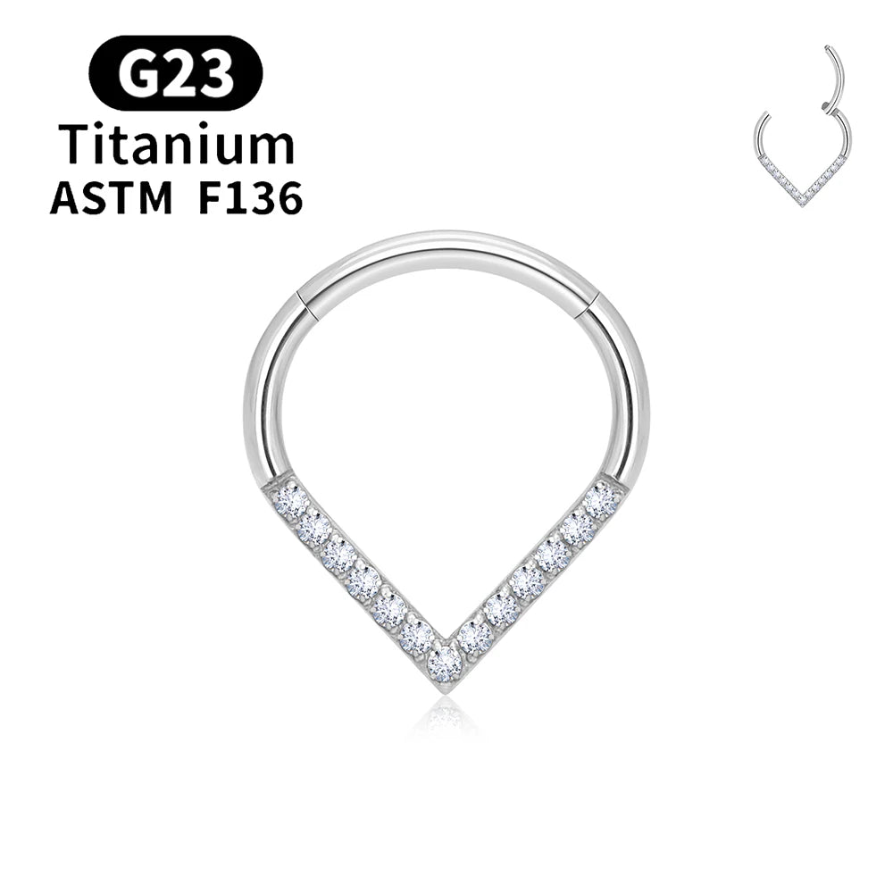 G23 Titanium round Hoop D Shape Nose Ring Daith Heart Earring 16G CZ Hinged Segment Ear Tragus Cartilage Helix Piercing Jewelry