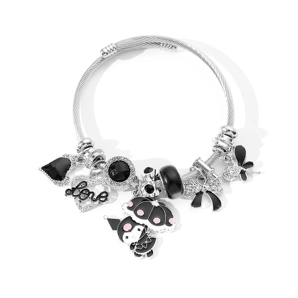 Hot Selling Sanrio Charm Bracelets for Women with Black Crystal Beads Bow Pendant DIY Bracelets Kuromi Fashion Jewelry