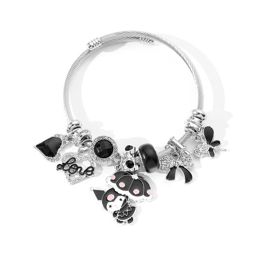 Hot Selling Sanrio Charm Bracelets for Women with Black Crystal Beads Bow Pendant DIY Bracelets Kuromi Fashion Jewelry