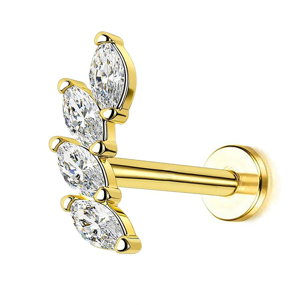 Petals with CZ Labret Piercing 100% 316L Surgical Steel Gold and Silver Color Cartilage Helix Flat Back Earrings Body Jewelry