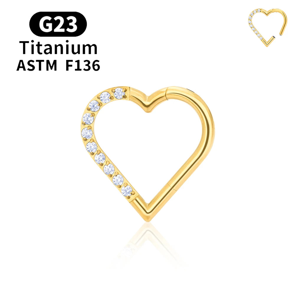 G23 Titanium round Hoop D Shape Nose Ring Daith Heart Earring 16G CZ Hinged Segment Ear Tragus Cartilage Helix Piercing Jewelry