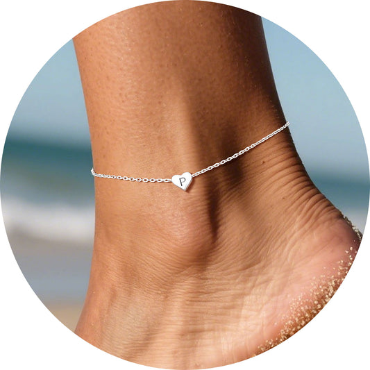 Heart Initial Ankle Bracelets for Women Letter P Sterling Silver Waterproof Anklet Summer Beach Jewelry