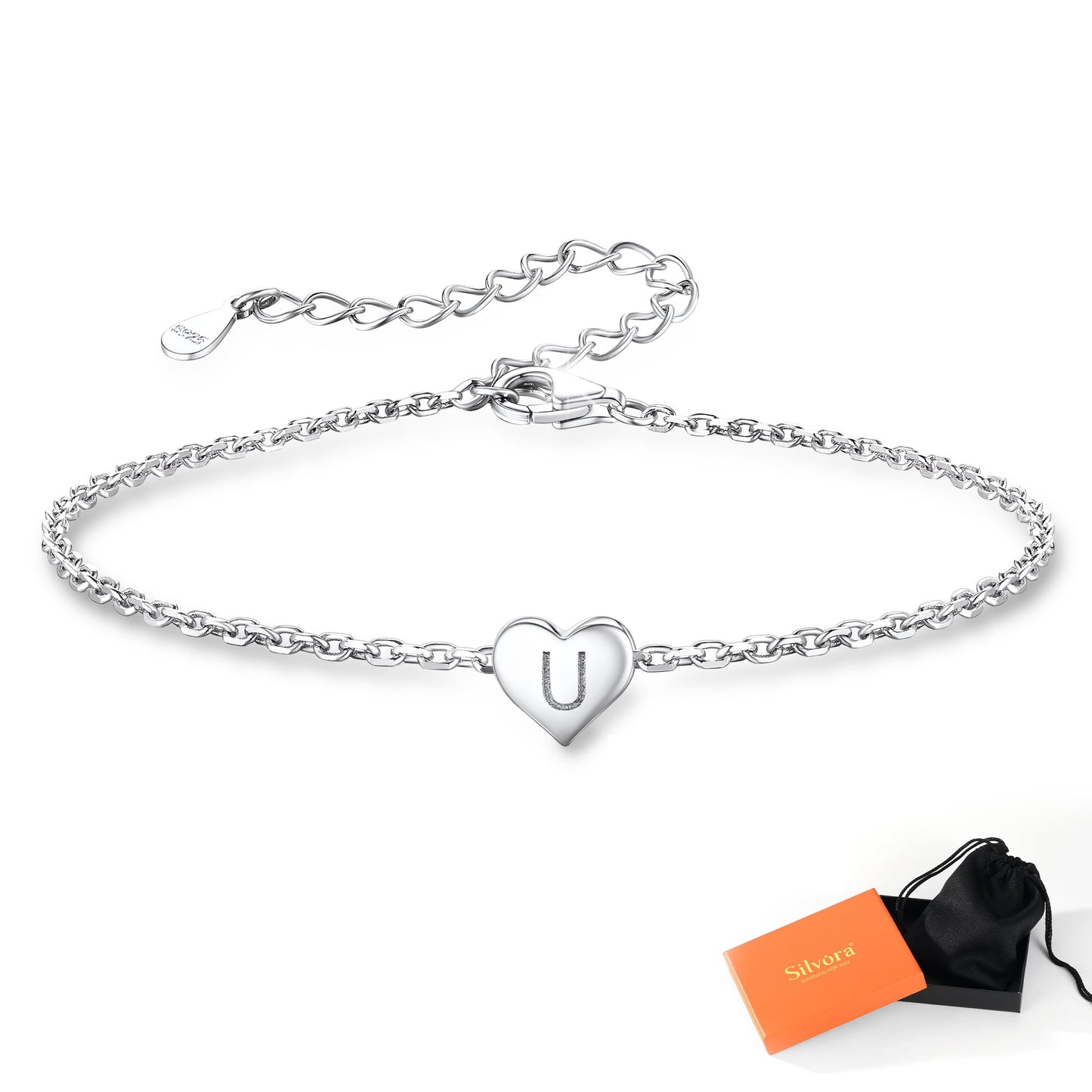 Women Cute Letter Bracelet S925 Sterling Silver Initial Heart Letter U Chain Bracelet Jewelry Gift for Girlfriend/Sister/Niece