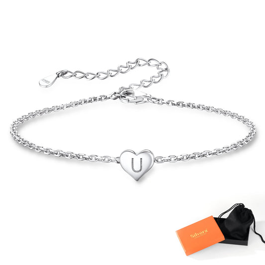 Women Cute Letter Bracelet S925 Sterling Silver Initial Heart Letter U Chain Bracelet Jewelry Gift for Girlfriend/Sister/Niece