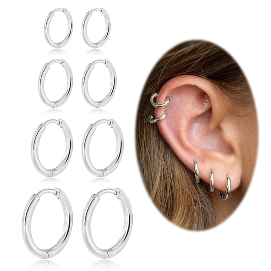 Small Hoop Earrings for Women Men Silver Huggie Hoop Earrings for Cartilage Helix Hypoallergenic Surgical Stainless Steel Earrings 6/8/10/12Mm Thin Silver Hoops Set for Women