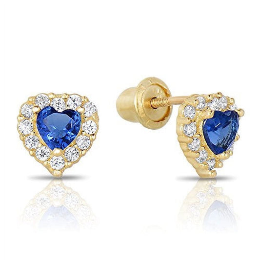 14K Yellow Gold Tiny Heart Stud Post Earrings with Blue CZ Birthstone | Secure Screw-Backs | September-Sapphire | Women & Unisex