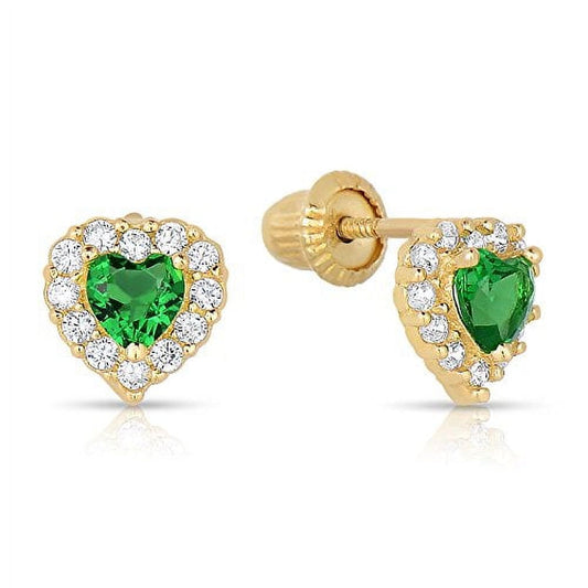 14K Yellow Gold Tiny Heart Stud Post Earrings with Green CZ Birthstone | Secure Screw-Backs | May-Emerald | Women & Unisex