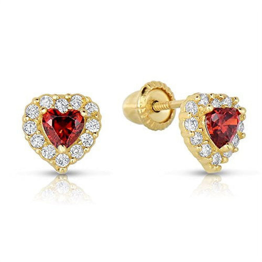 14K Yellow Gold Tiny Heart Stud Post Earrings with Red CZ Birthstone | Secure Screw-Backs | January-Garnet | Women & Unisex