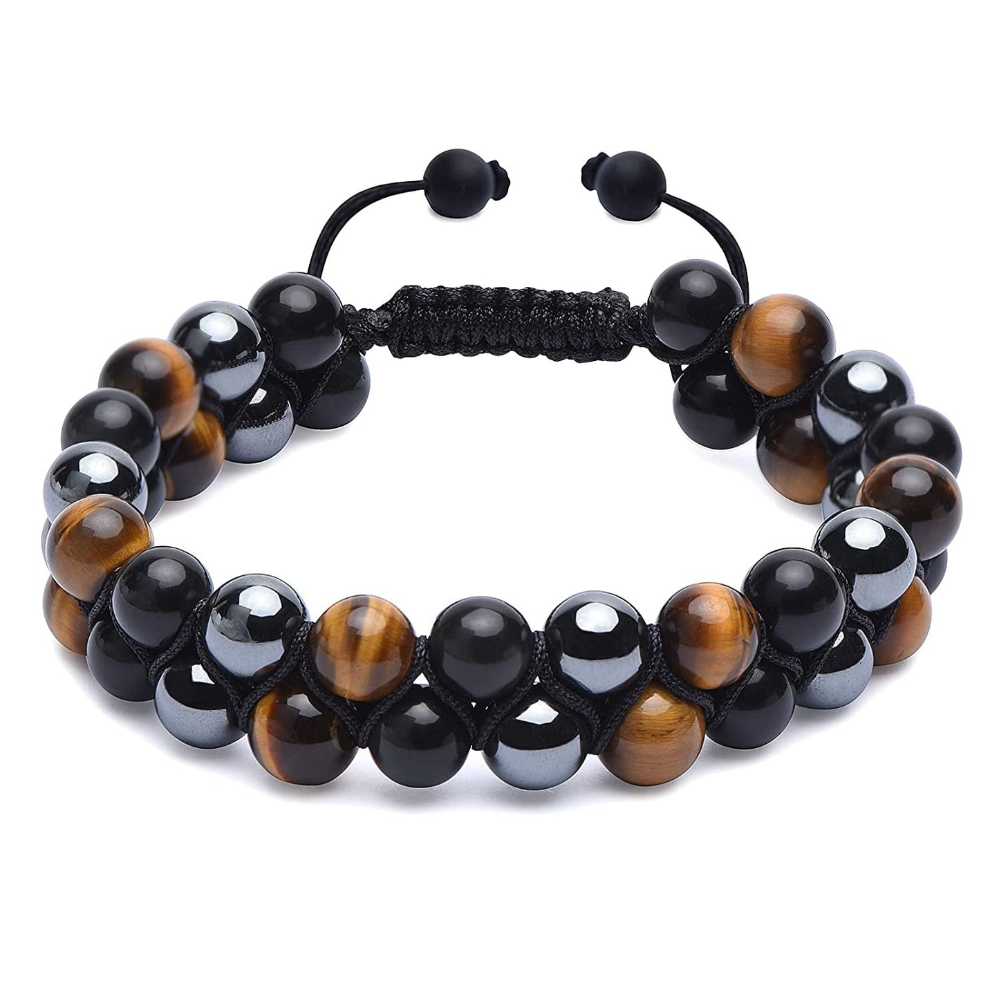 Triple Protection Bracelet, Tigers Eye Black Obsidian and Hematite 8Mm Beads Bracelet for Men Women, Jewelry Healing Bracelets Bring Luck and Prosperity and Happiness