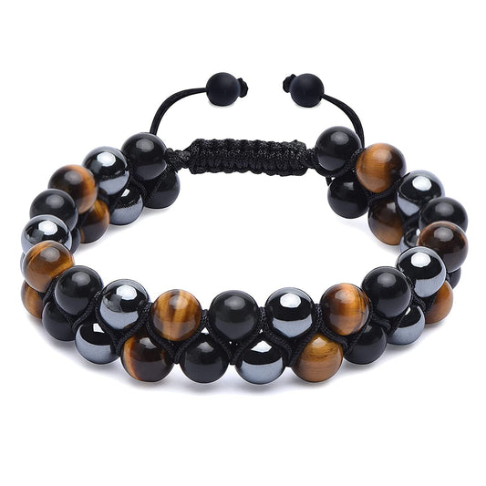 Triple Protection Bracelet, Tigers Eye Black Obsidian and Hematite 8Mm Beads Bracelet for Men Women, Jewelry Healing Bracelets Bring Luck and Prosperity and Happiness