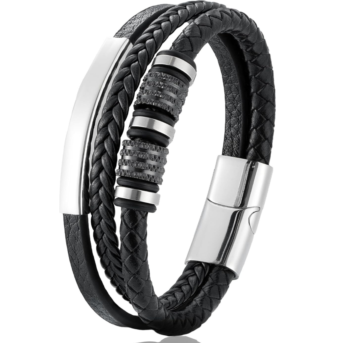Men’s Black & White Leather Braided Cuff Bracelet with 316L Stainless Steel Buckle– 8.3 inch