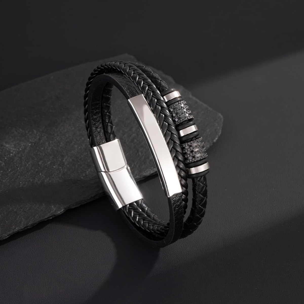 Men’s Black & White Leather Braided Cuff Bracelet with 316L Stainless Steel Buckle– 8.3 inch