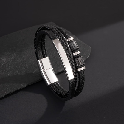 Men’s Black & White Leather Braided Cuff Bracelet with 316L Stainless Steel Buckle– 8.3 inch