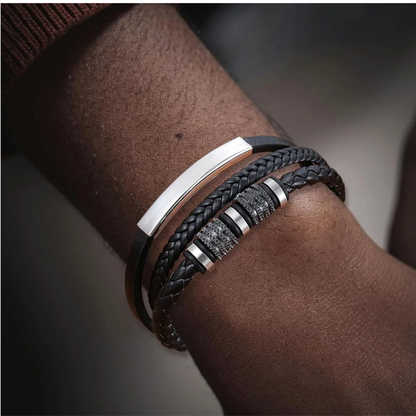 Men’s Black & White Leather Braided Cuff Bracelet with 316L Stainless Steel Buckle– 8.3 inch