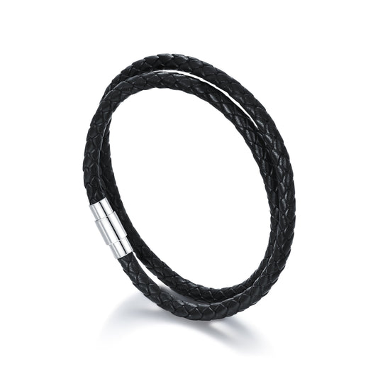 Father'S Day Gifts Italian plus Size Leather Bracelet for Men Women Genuine Double Wrap Black Braided Leather Cuff Bangle Christmas Bracelets for Dad Son Brother, 14 Inches