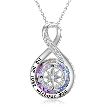 Graduation Gifts I'D Be Lost without You Compass Necklace for Women Sterling Silver Infinity Necklace with Purple Crystal Jewelry Birthday Gifts for Women