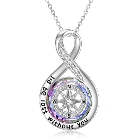 Graduation Gifts I'D Be Lost without You Compass Necklace for Women Sterling Silver Infinity Necklace with Purple Crystal Jewelry Birthday Gifts for Women