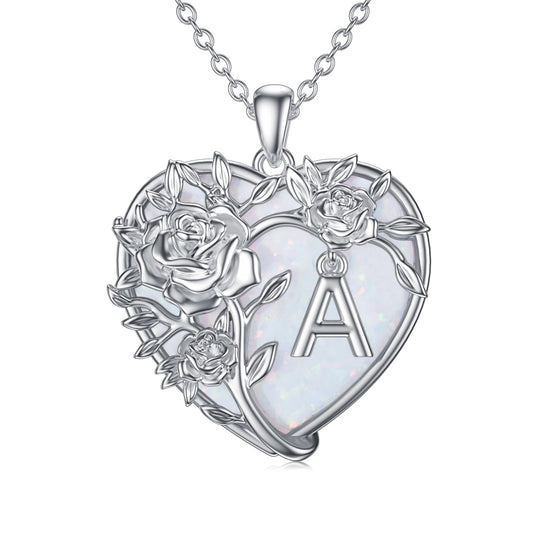 Anniversary Gifts for Women Sterling Silver Initial a Letter Pendant with Heart Opal Rose Necklaces Birthday Anniversary Jewelry Birthday Gifts