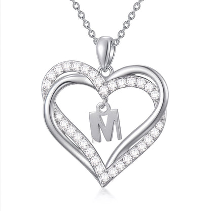 Birthday Gifts for Women Initial Necklace for Women S925 Sterling Silver Heart Initial M Alphabet Pendant Necklace Double Heart Necklace Jewelry Anniversary Gifts for Women