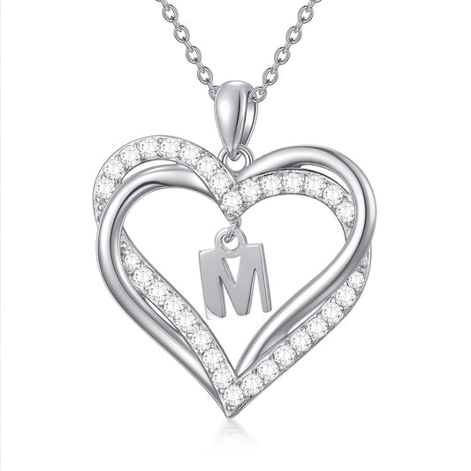 Birthday Gifts for Women Initial Necklace for Women S925 Sterling Silver Heart Initial M Alphabet Pendant Necklace Double Heart Necklace Jewelry Anniversary Gifts for Women
