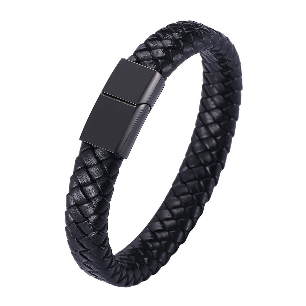 UISHUSO Men'S Braided Genuine Leather Bracelet with Stainless Steel Magnetic Closure