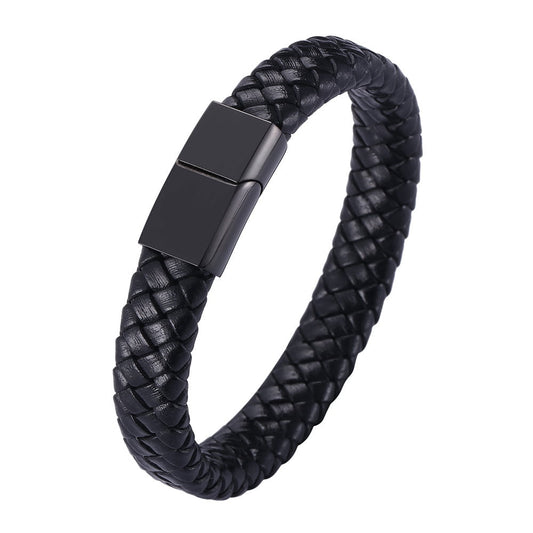 UISHUSO Men'S Braided Genuine Leather Bracelet with Stainless Steel Magnetic Closure