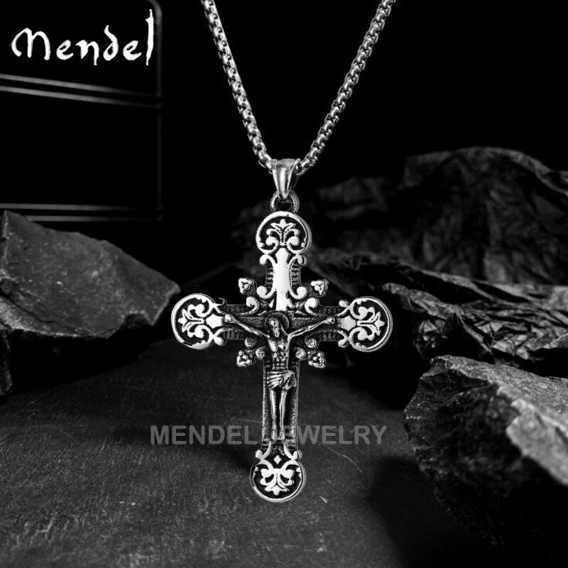 MENDEL Mens Stainless Steel Jesus Christ Crucifix Cross Pendant Necklace for Men