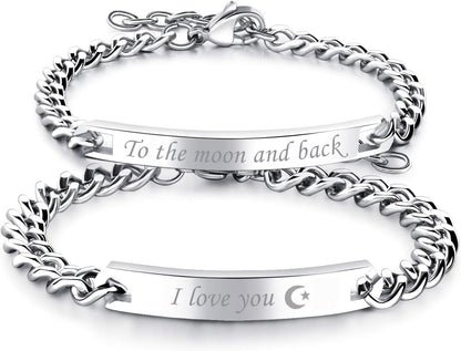 2Pcs CZ His and Hers Couple Bracelets Set, Adjustable Titanium Stainless Steel Always & Forever Forever & Always Love Matching Bracelet Link Jewelry Set