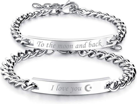 2Pcs CZ His and Hers Couple Bracelets Set, Adjustable Titanium Stainless Steel Always & Forever Forever & Always Love Matching Bracelet Link Jewelry Set