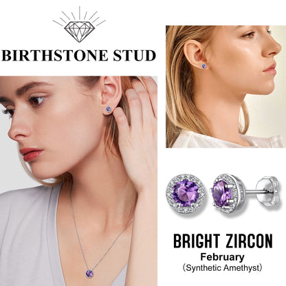 925 Sterling Silver Birthstone Stud Earrings round Synthetic Amethyst Diamond Studs Earrings Women Gift February