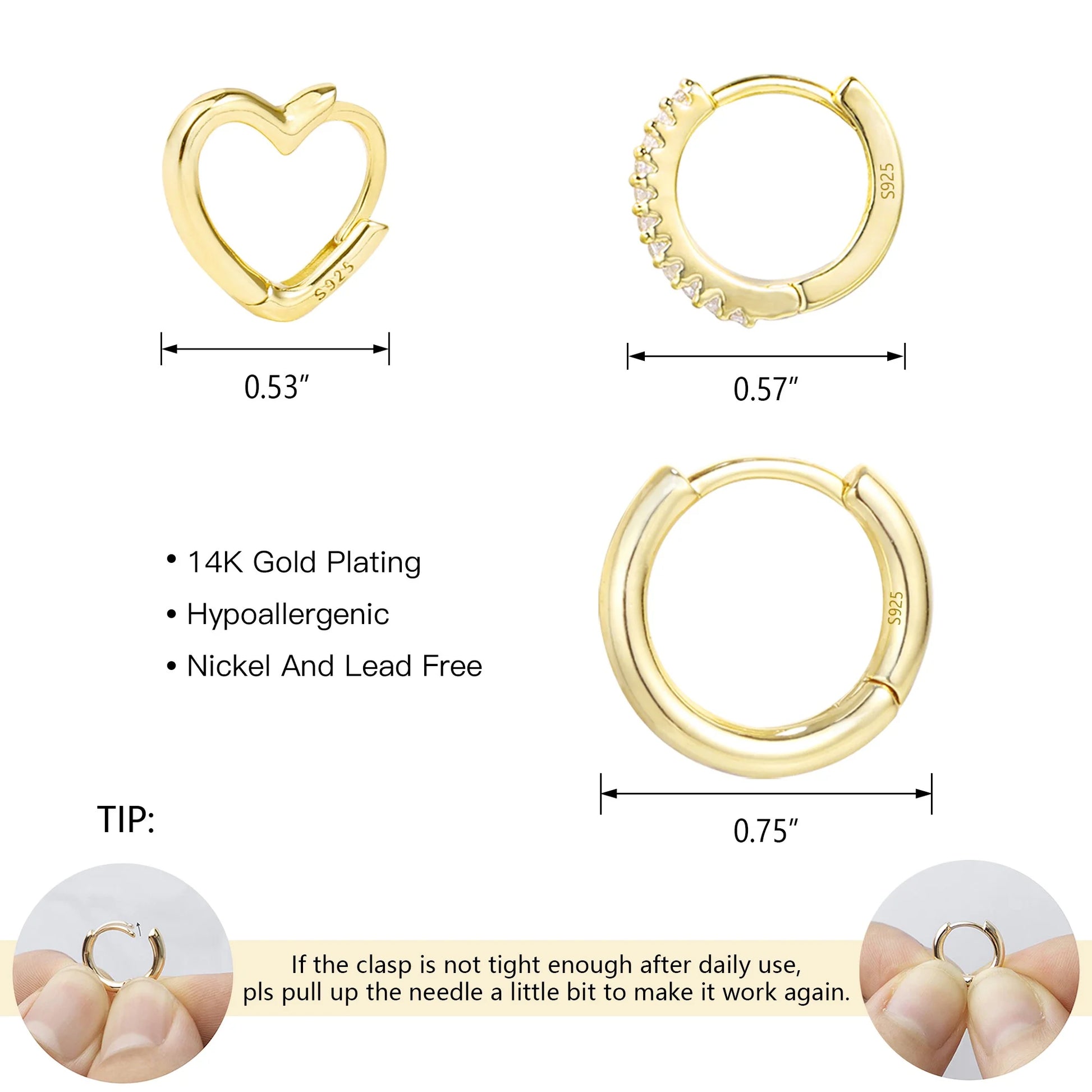 3 Pairs Small Huggie Hoop Earrings Set 14K Gold Plated Hypoallergenic Heart Hoop Earrings for Women Gifts for Mom