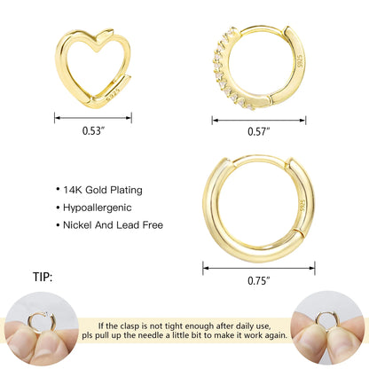3 Pairs Small Huggie Hoop Earrings Set 14K Gold Plated Hypoallergenic Heart Hoop Earrings for Women Gifts for Mom