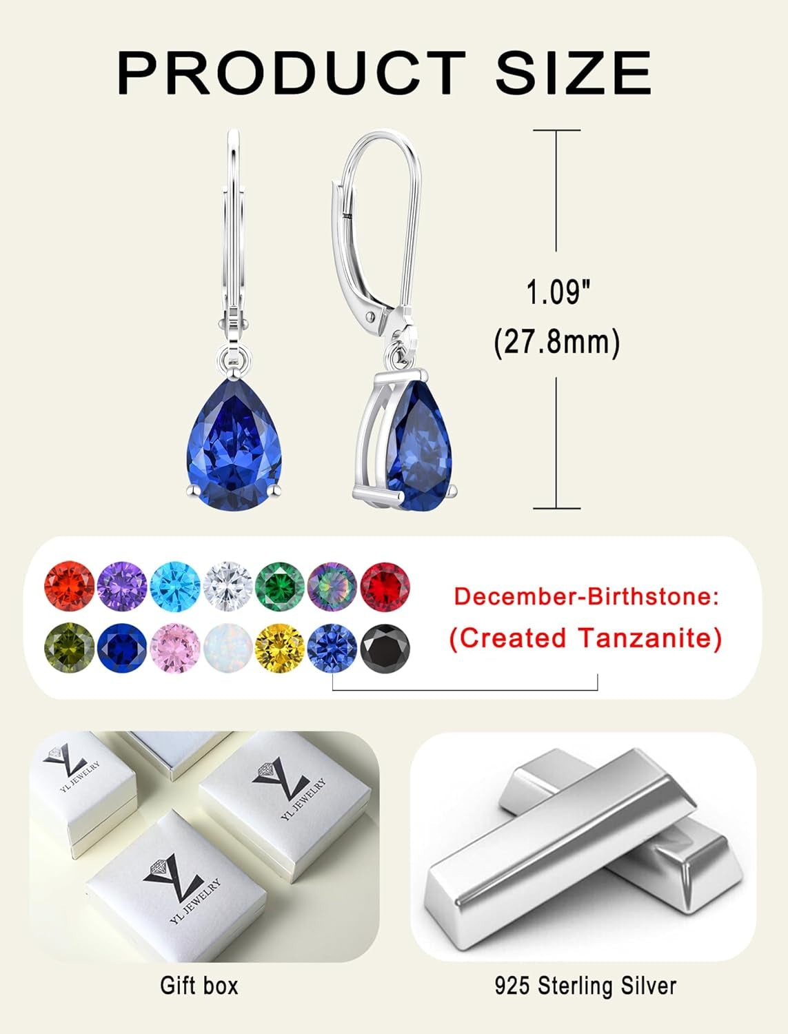 925 Sterling Silver Teardrop Dangle Drop Earrings for Women 7X10 MM Solitaire Birthstone Leverback Jewelry