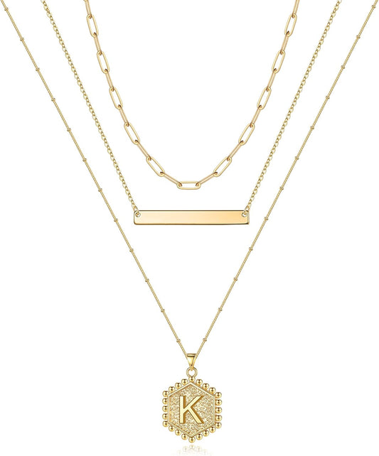 Gold Layered Initial Necklaces for Women, 14K Gold Plated Bar Necklace Handmade Layering Hexagon Letter Pendant Beads Chain Necklace Layered Necklaces for Women Gold Jewelry Gifts