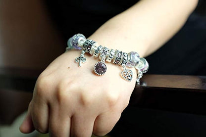 Multi-Color, Birthstone Charm Beads Bracelet, Silvertone
