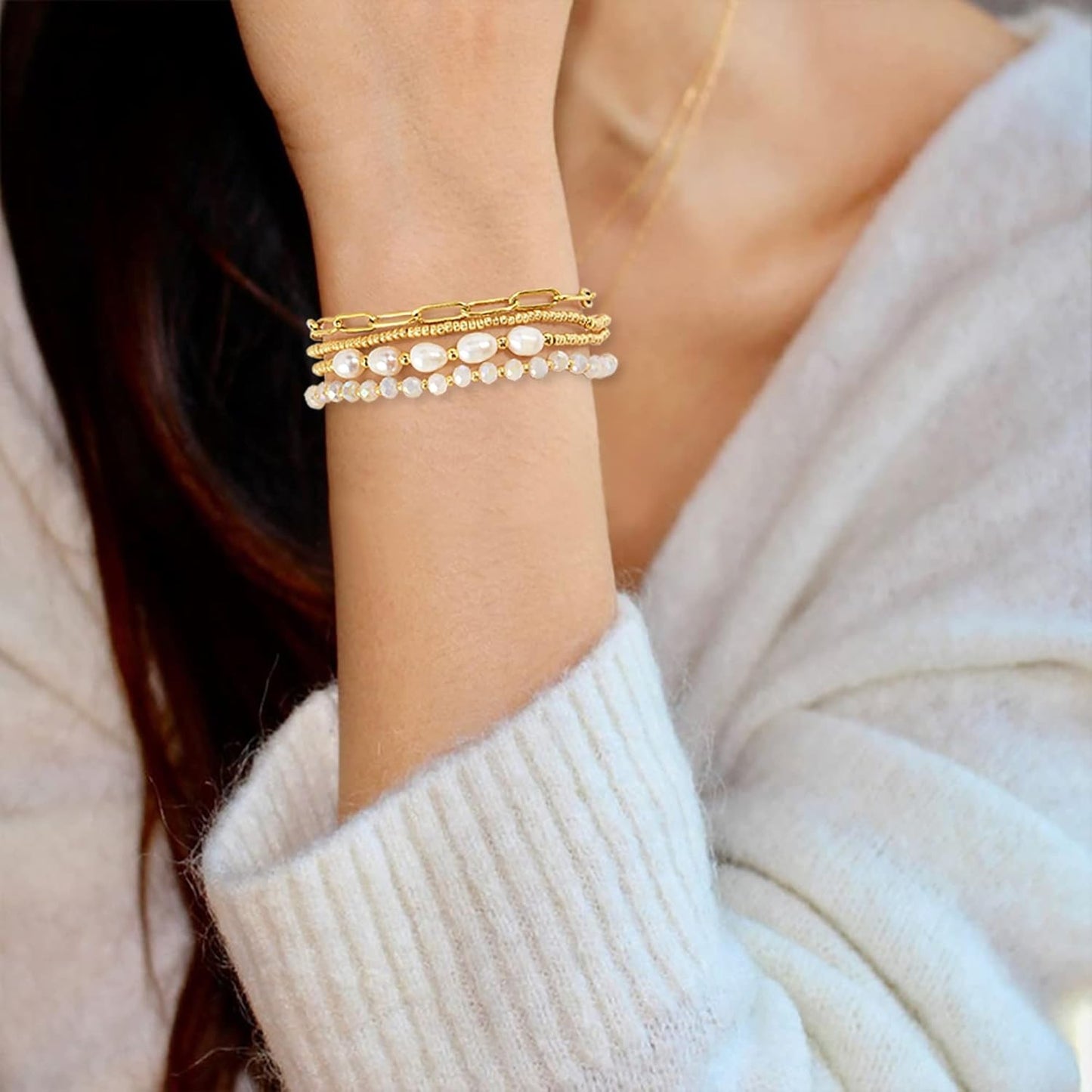 Gold Pearl Beaded Bracelets for Women,Gold Pearl Stackable Stretch Be...