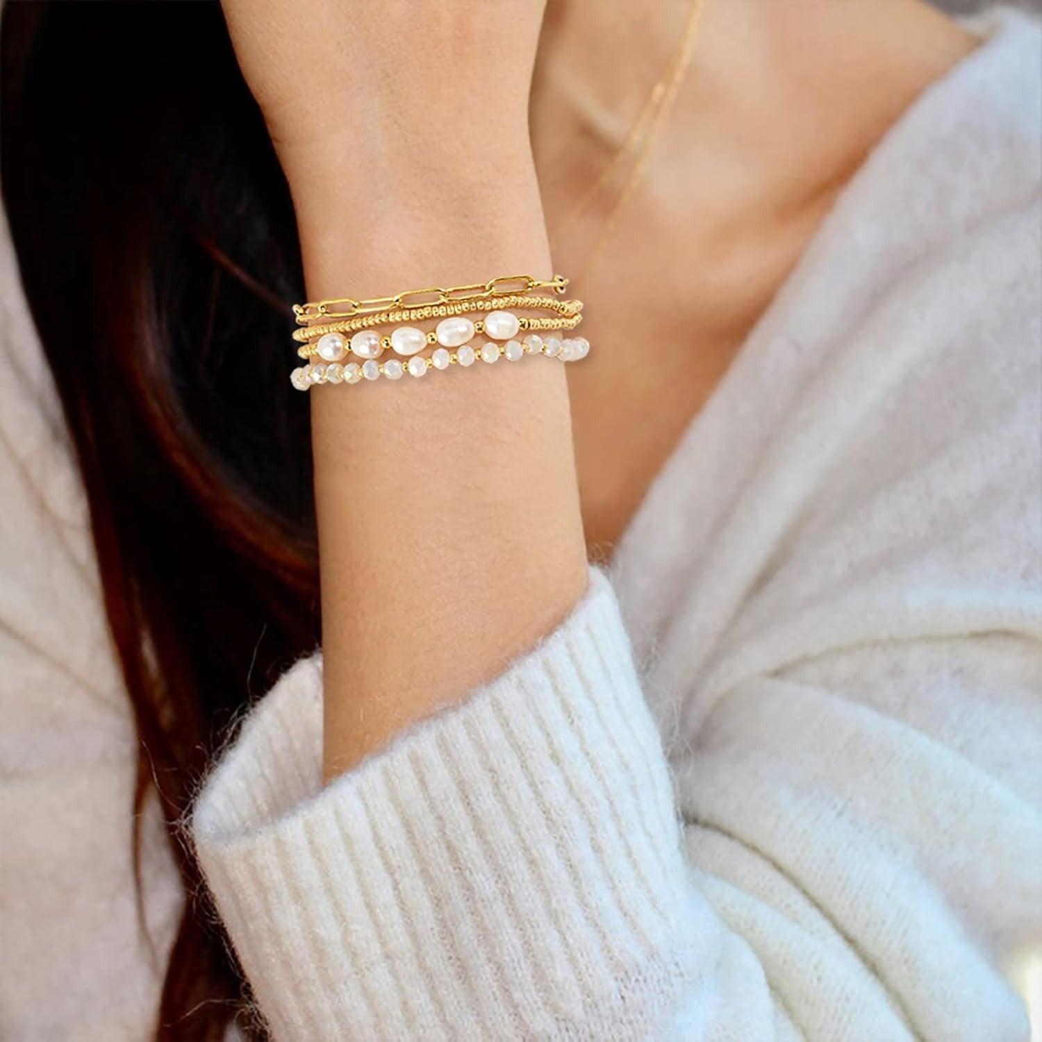 Gold Pearl Beaded Bracelets for Women,Gold Pearl Stackable Stretch Be...